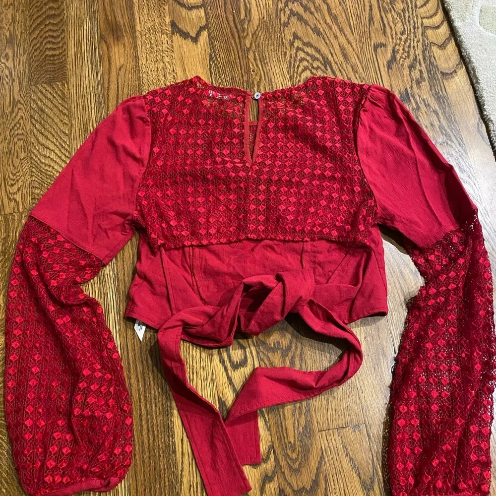Free People Red Lace Long Sleeve Crop Top - Picture 2 of 3